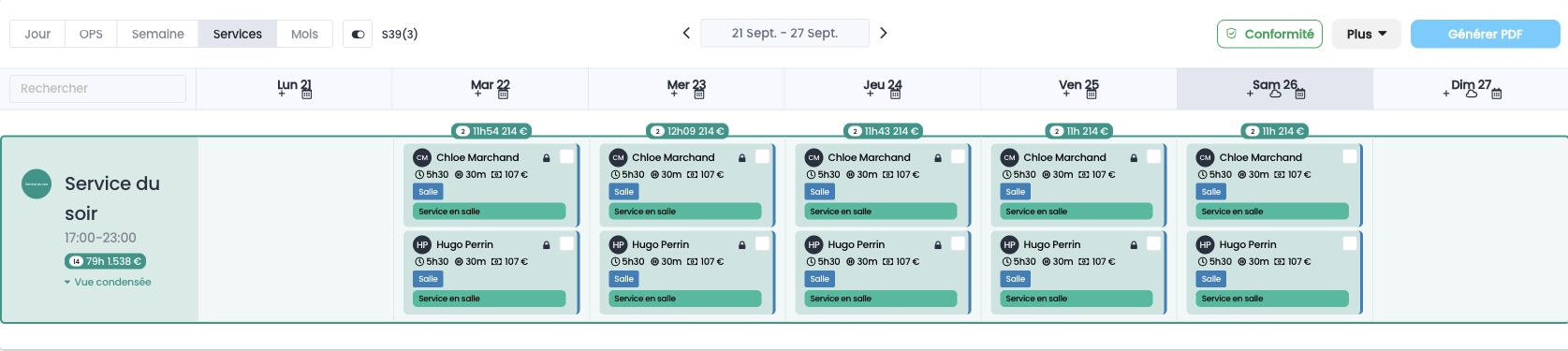 Vue Services : les shifts de la semaine regroupés sous le Service du soir, 17:00 à 23:00