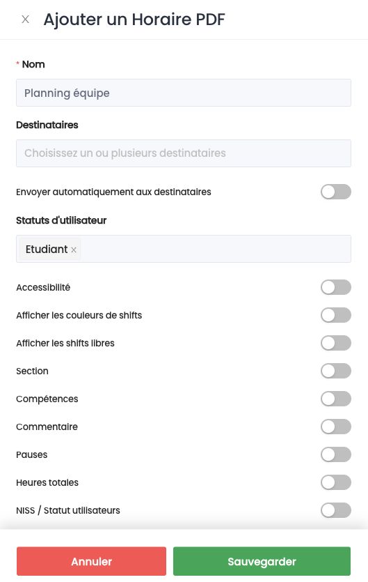 Panneau Ajouter un Horaire PDF : nom, destinataires, envoi automatique et statuts d'utilisateur