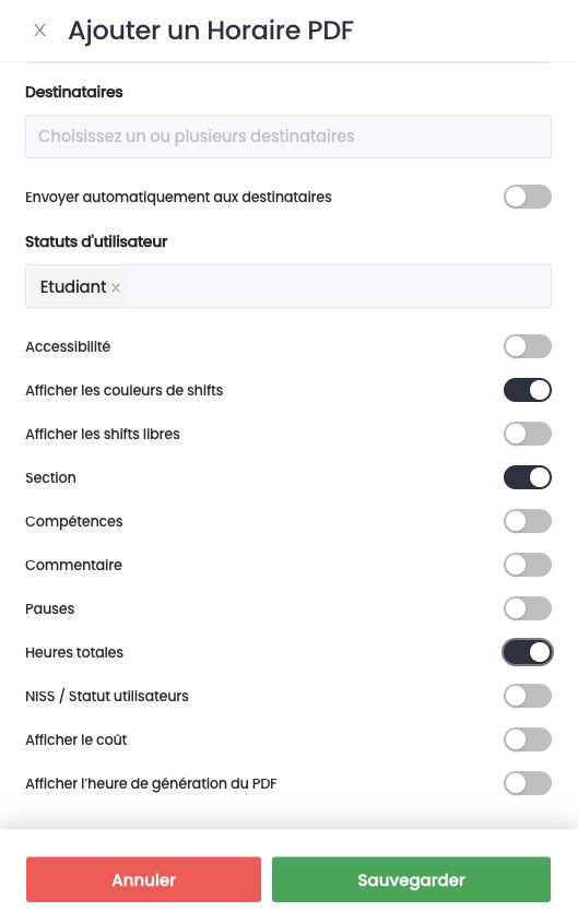 Interrupteurs des informations affichées sur le PDF : couleurs de shifts, section, heures totales