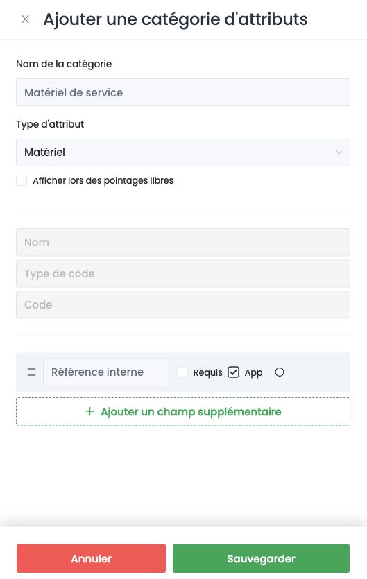 Panneau Ajouter une catégorie d'attributs : nom, type d'attribut et champs supplémentaires