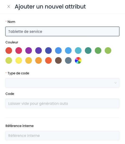Panneau Ajouter un nouvel attribut : nom, couleur, type de code, code et référence interne