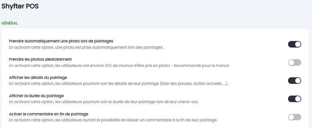 Réglages généraux de Shyfter POS, dont la photo automatique ou aléatoire lors des pointages