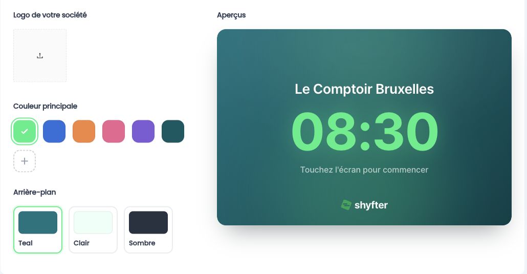 Personnalisation de Shyfter POS : logo, couleur, arrière-plan et aperçu de l'écran de veille