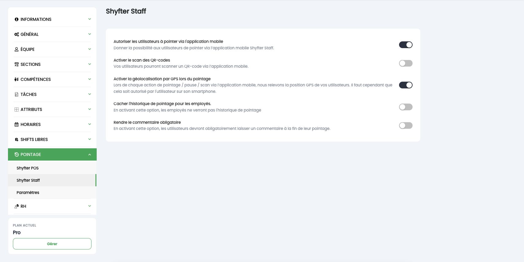 Paramètres Shyfter Staff : pointage mobile, scan des QR codes, géolocalisation, historique et commentaire