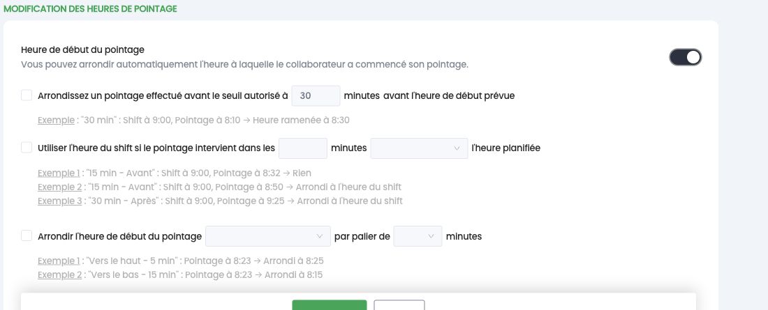 Heure de début du pointage : seuil autorisé, heure du shift et arrondi par palier, avec exemples