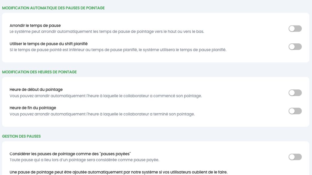 Sections Modification automatique des pauses, Modification des heures et Gestion des pauses