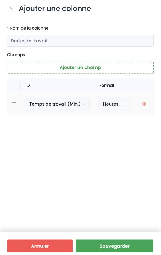 Panneau Ajouter une colonne : nom de la colonne, champs et format