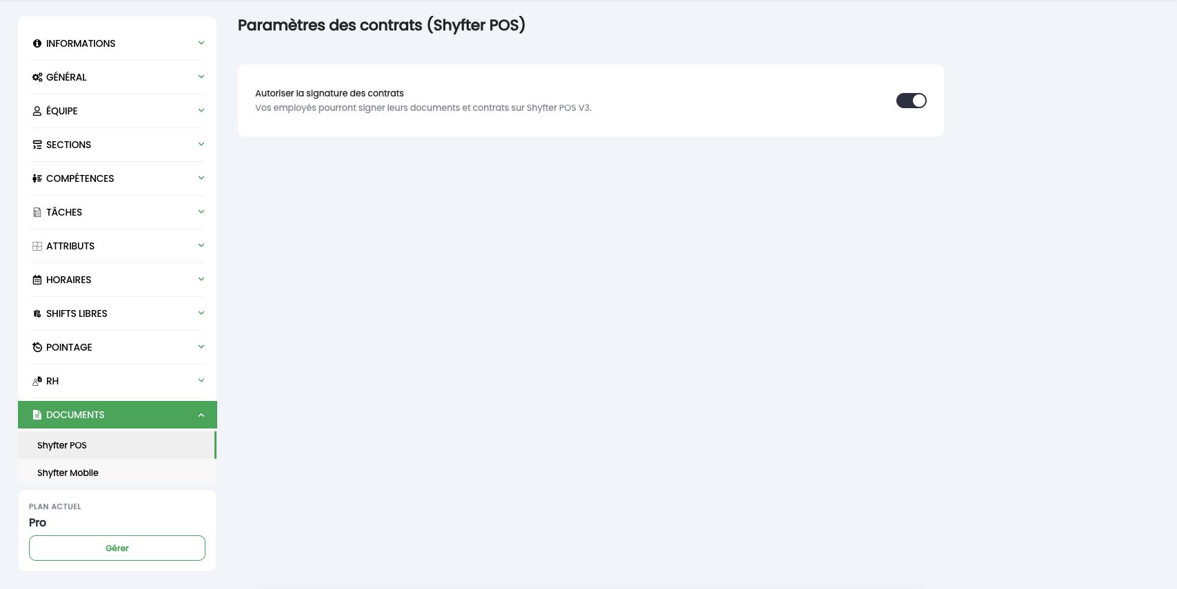 Paramètres des contrats Shyfter POS : Autoriser la signature des contrats