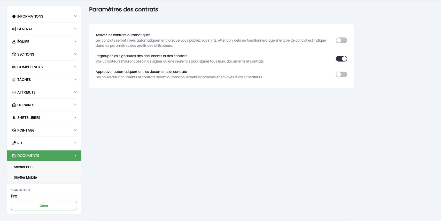 Paramètres des contrats : contrats automatiques, regroupement des signatures et approbation automatique