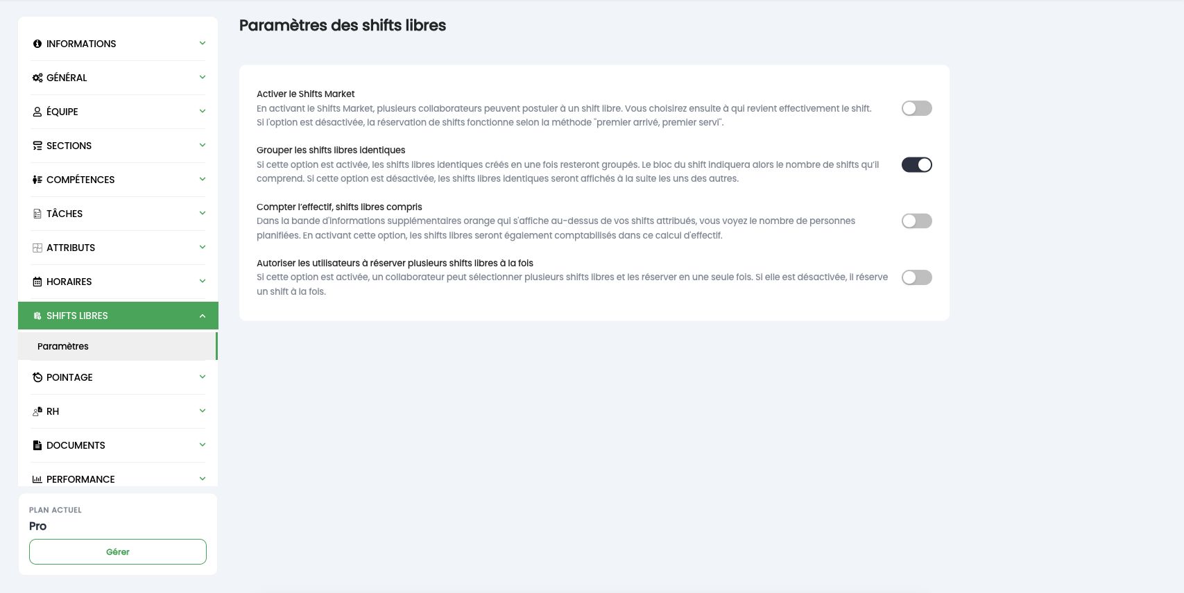 Paramètres des shifts libres : Shifts Market, regroupement, effectif et réservation multiple