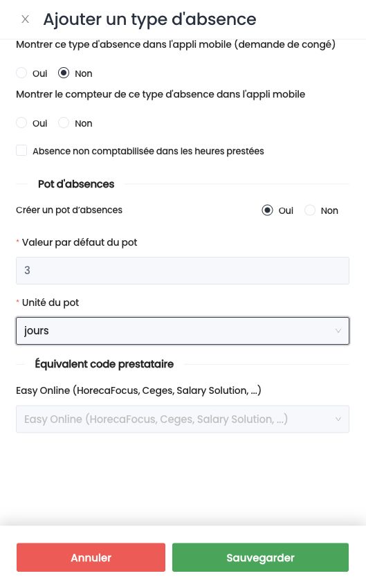 Section Pot d'absences du panneau : créer un pot, valeur par défaut et unité