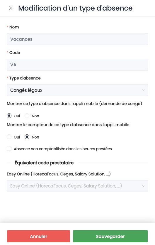 Panneau Modification d'un type d'absence, avec la section Équivalent code prestataire