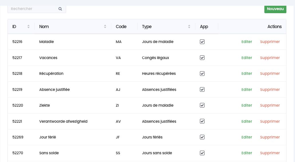 Liste des types d'absence : nom, code, type, visibilité dans l'app et actions