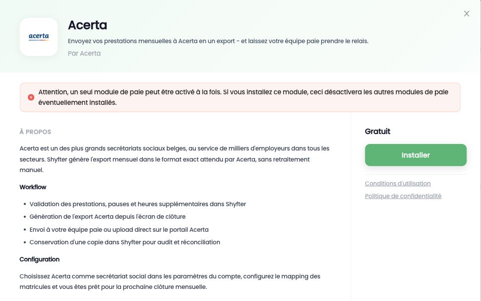 Fiche du module Acerta dans les intégrations, avec le bouton Installer