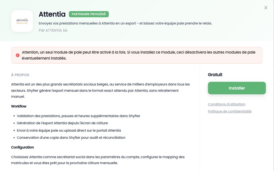 Fiche du module Attentia dans les intégrations, avec le bouton Installer