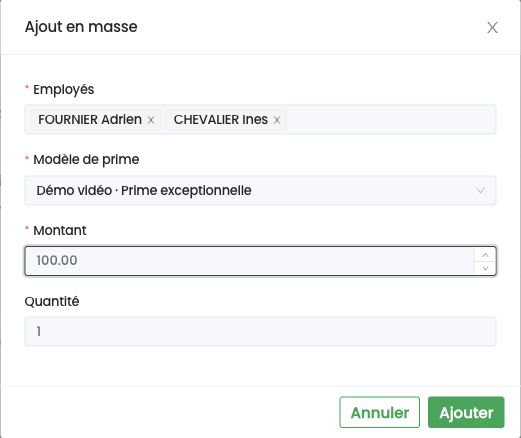 Fenêtre Ajout en masse : employés, modèle de prime, montant et quantité