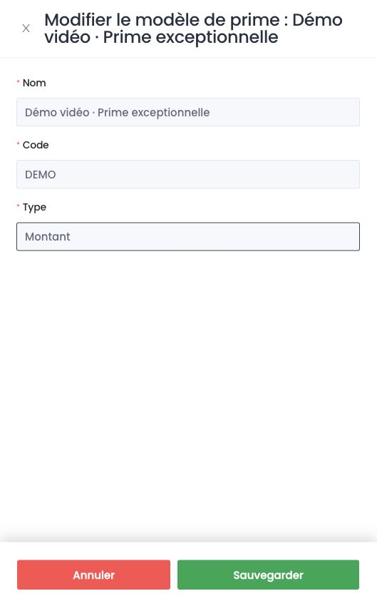Panneau Modifier le modèle de prime : nom, code et type