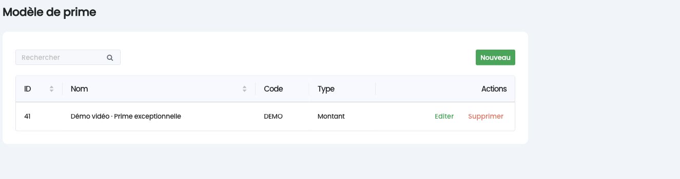 Liste des modèles de prime : ID, nom, code, type et actions