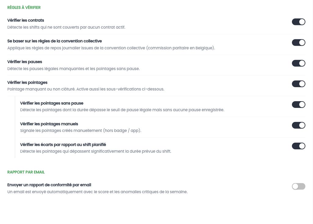 Bas de la page : sous-vérifications des pointages et Envoyer un rapport de conformité par email