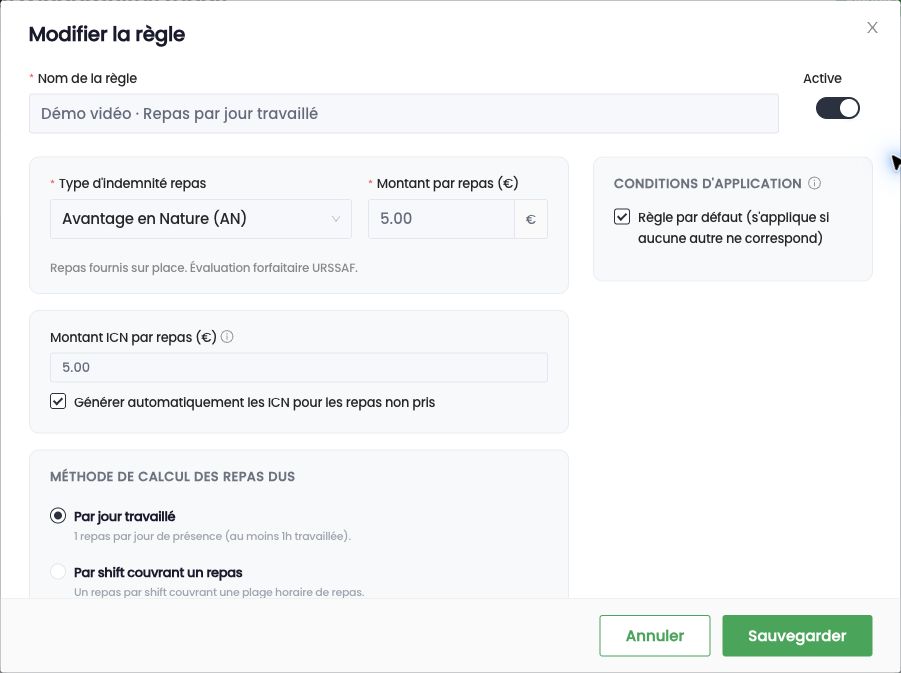 Formulaire Modifier la règle : nom, type Avantage en Nature, montant, ICN et méthode de calcul