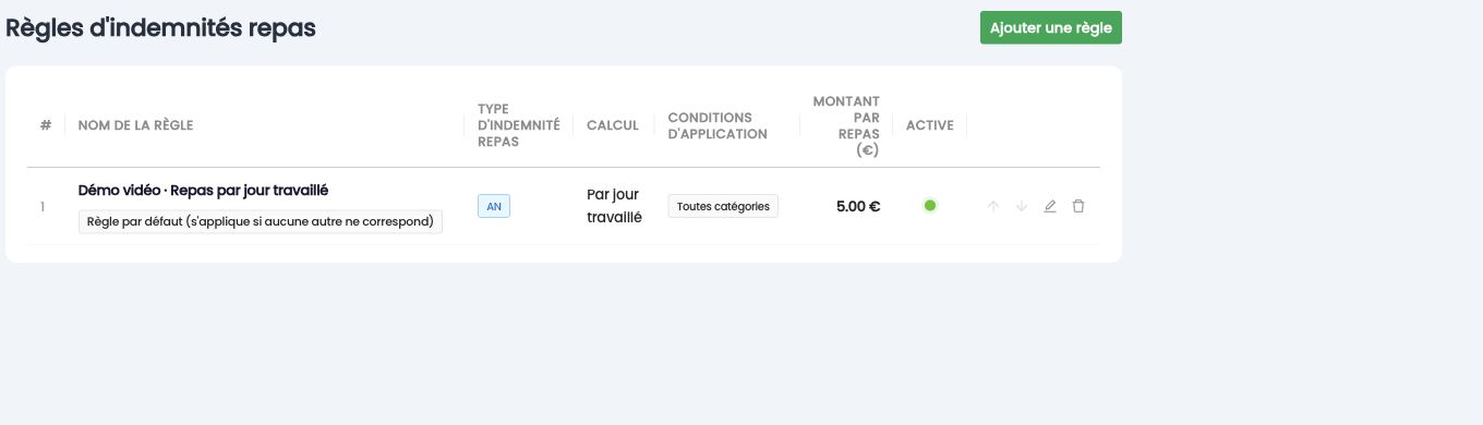 Liste Règles d'indemnités repas, avec le bouton Ajouter une règle