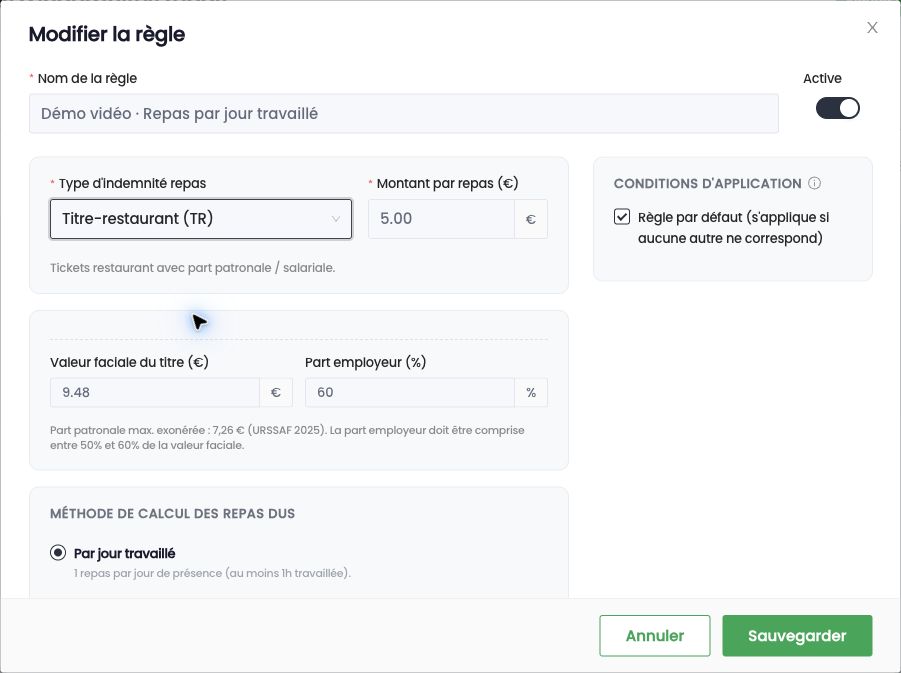 Type Titre-restaurant : valeur faciale du titre et part employeur
