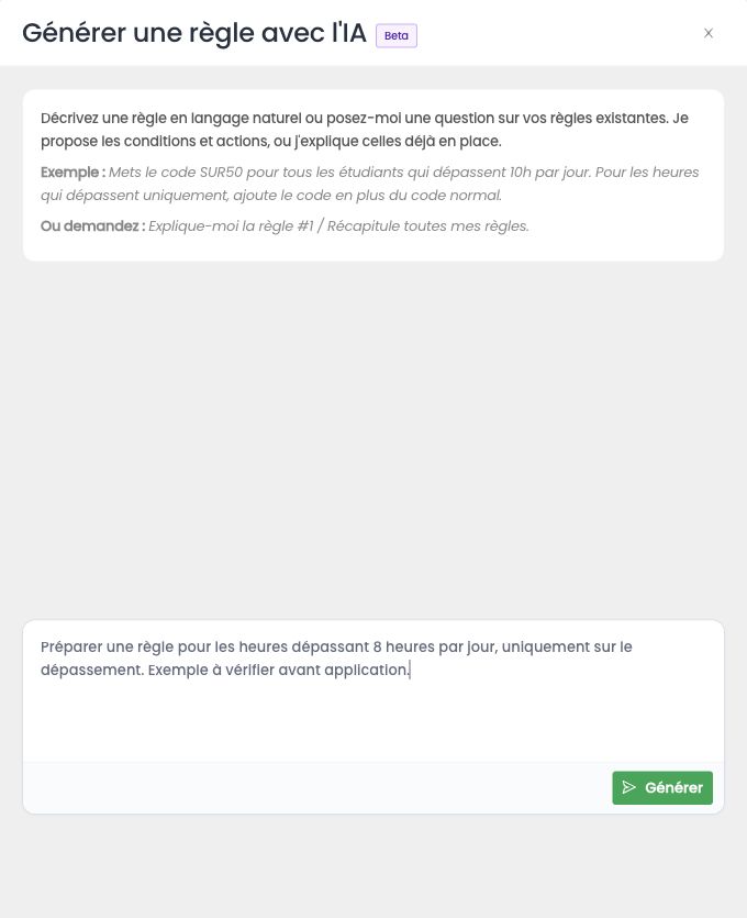 Fenêtre Générer une règle avec l'IA, avec une demande en langage courant
