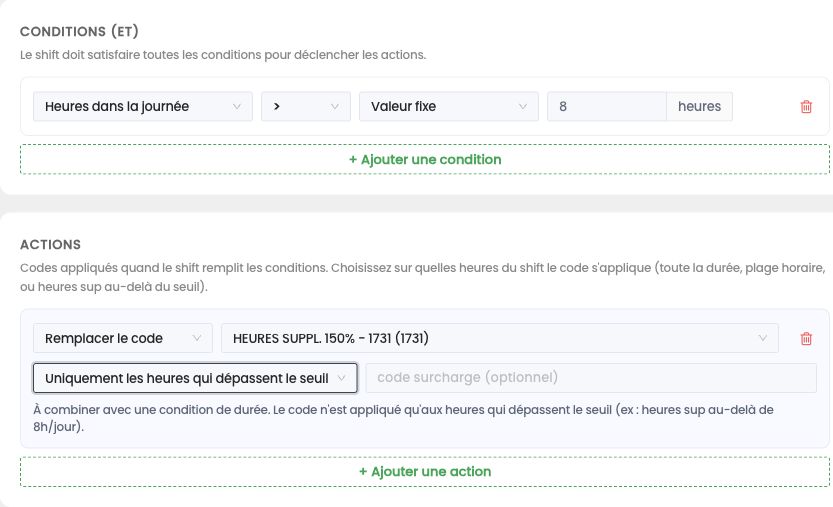 Règle RH : conditions et actions, avec le code appliqué