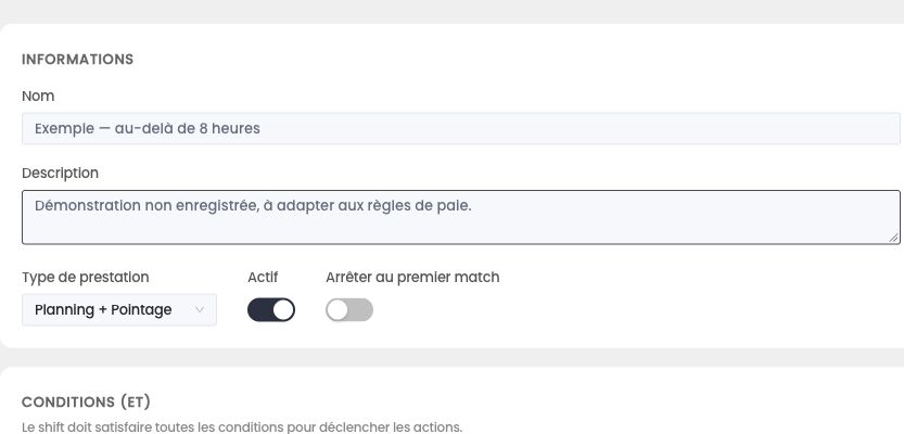 Bloc Informations d'une règle : nom, description, type de prestation, Actif et Arrêter au premier match