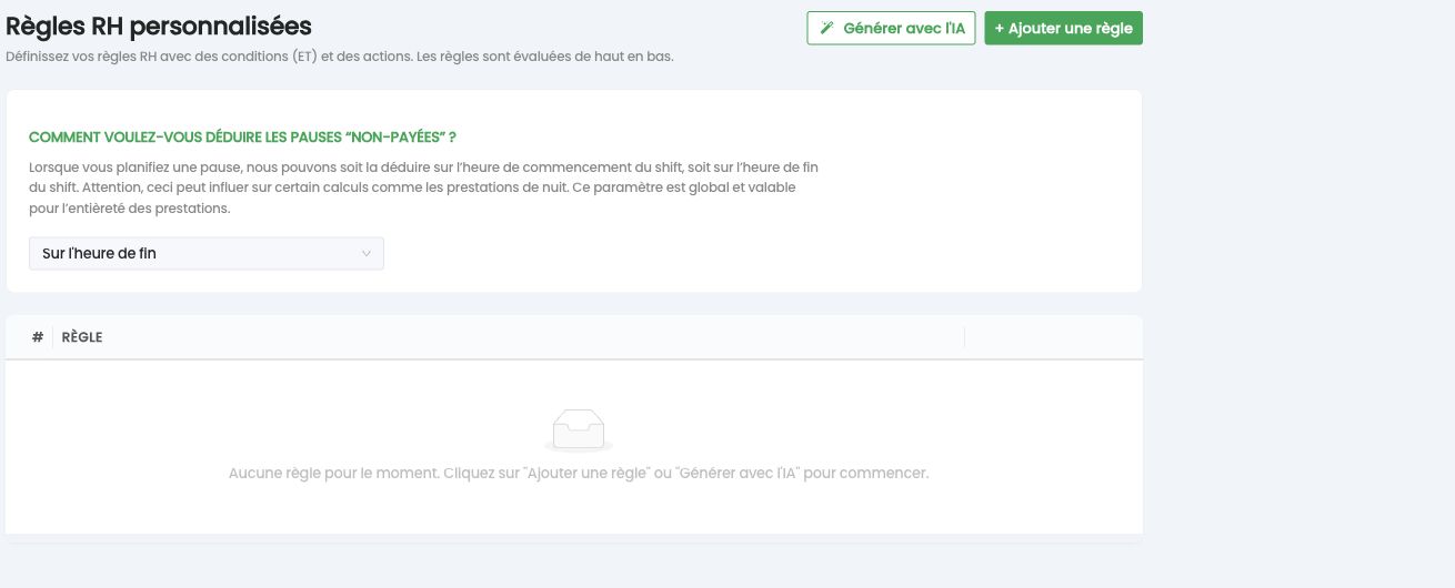 Page Règles RH personnalisées : déduction des pauses non payées et boutons Générer avec l'IA et Ajouter une règle