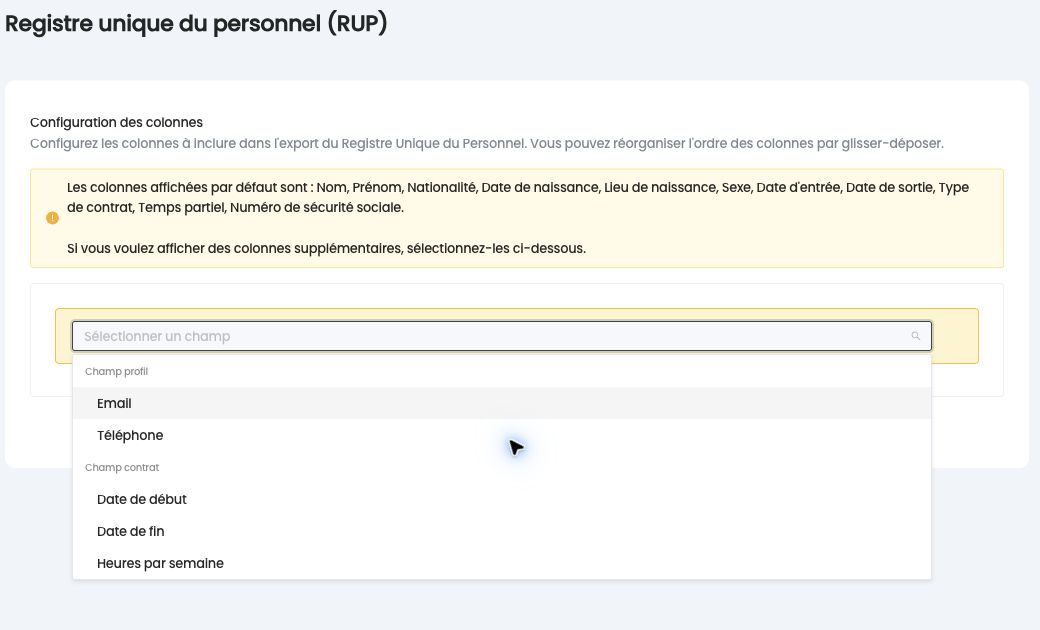 Sélecteur de champ : champs profil et champs contrat