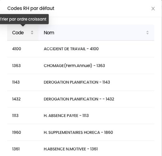 Fenêtre Codes RH par défaut du secrétariat social