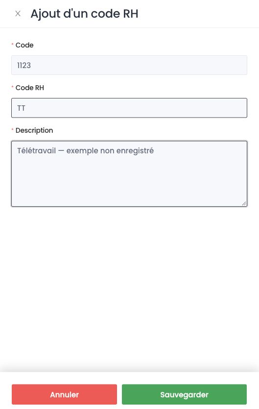 Panneau Ajout d'un code RH : code du secrétariat social, code RH et description