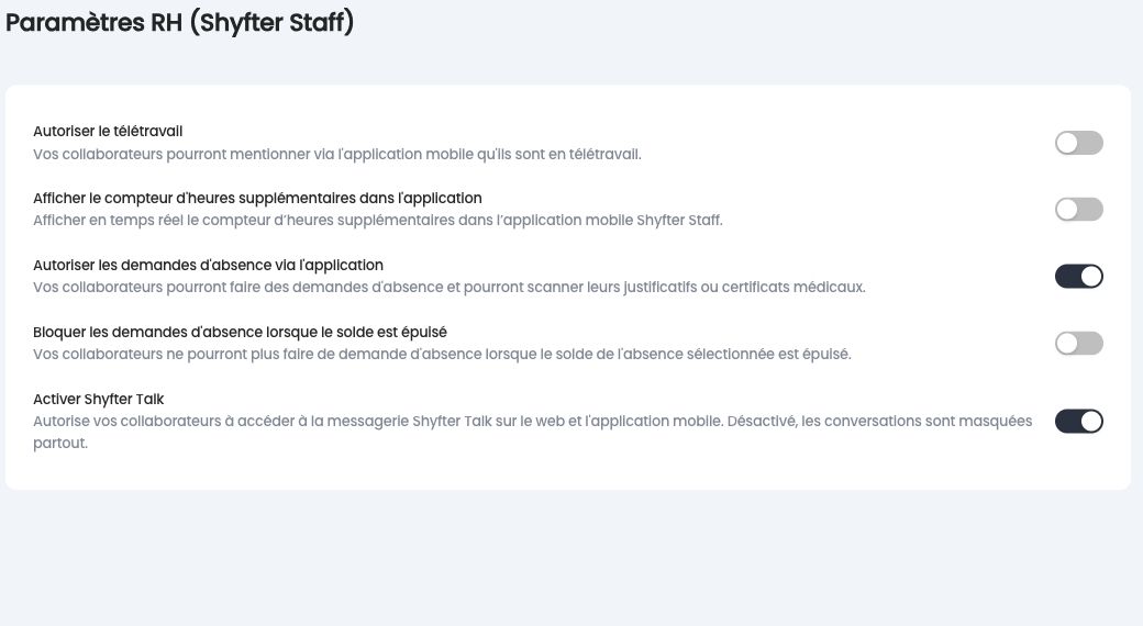 Paramètres RH Shyfter Staff : télétravail, compteur d'heures sup, demandes d'absence et Shyfter Talk