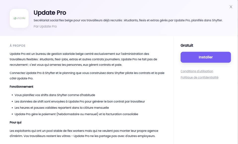 Fiche du module Update Pro dans les intégrations, avec le bouton Installer