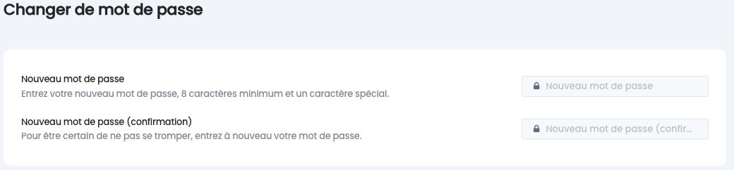 Onglet Changer de mot de passe : nouveau mot de passe et confirmation