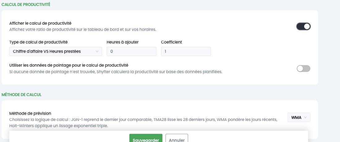 Calcul de productivité : type de calcul, heures à ajouter, coefficient et données de pointage