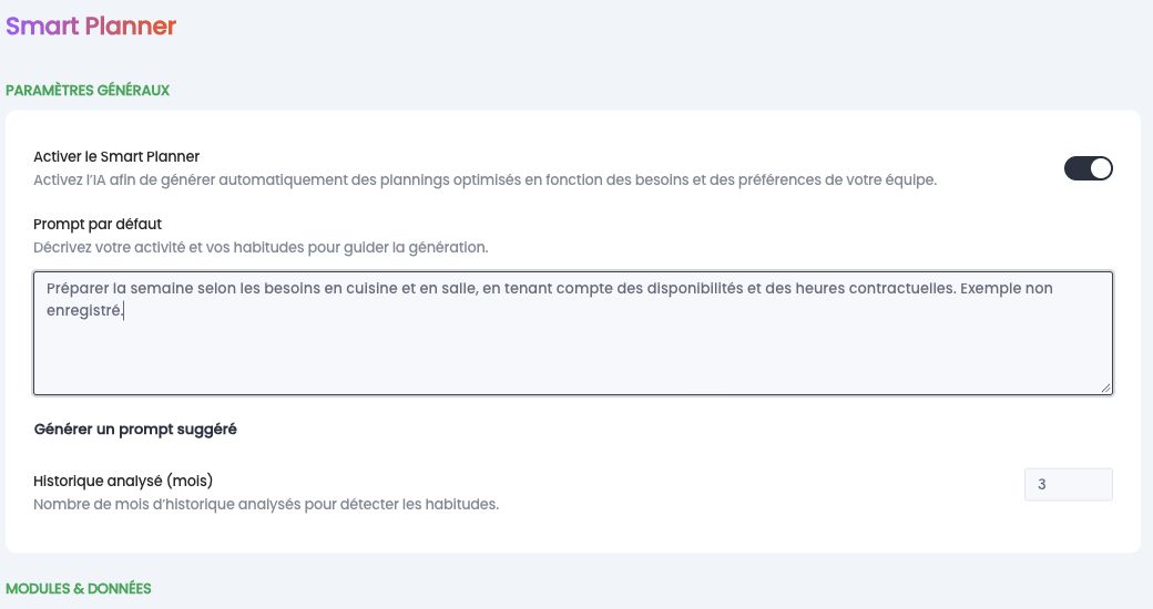Paramètres généraux du Smart Planner : activation, prompt par défaut et historique analysé