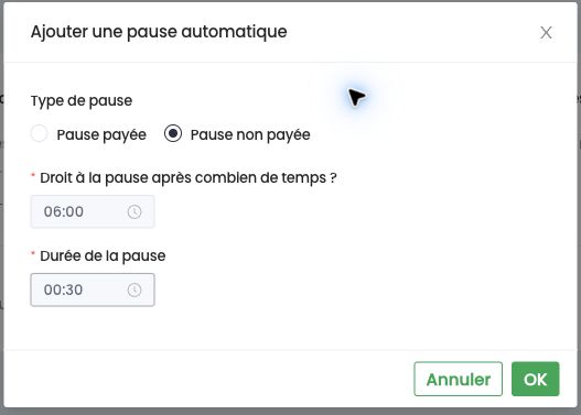 Fenêtre Ajouter une pause automatique : type de pause, droit après combien de temps et durée