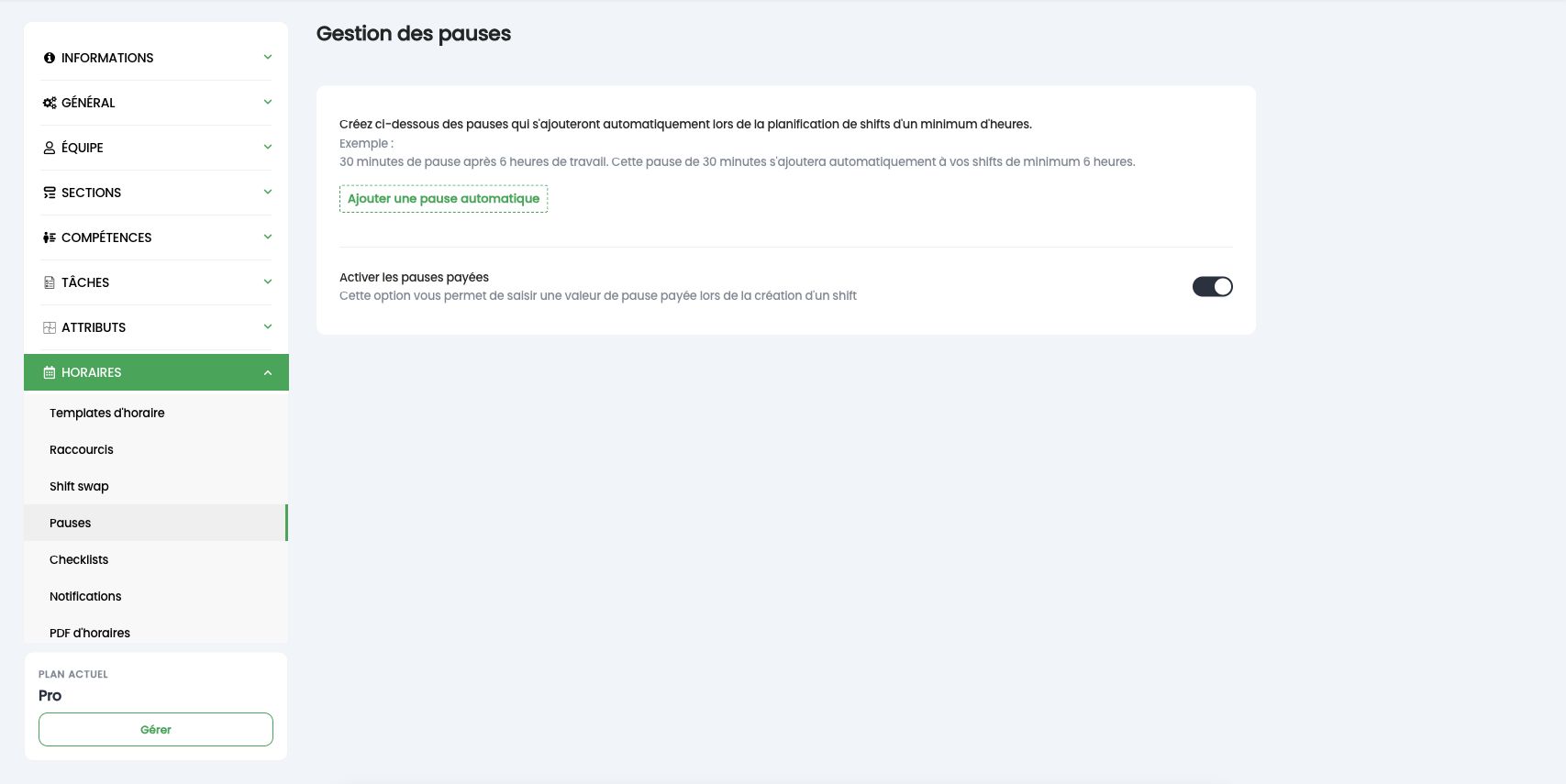 Page Gestion des pauses : Ajouter une pause automatique et Activer les pauses payées