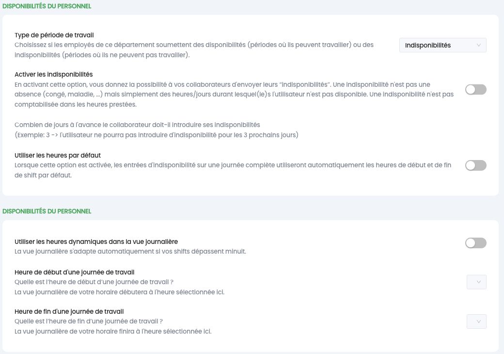 Disponibilités du personnel et heures de la vue journalière