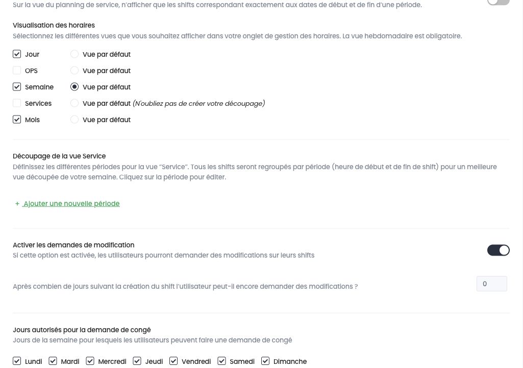 Visualisation des horaires, découpage de la vue Service, demandes de modification et jours de congé