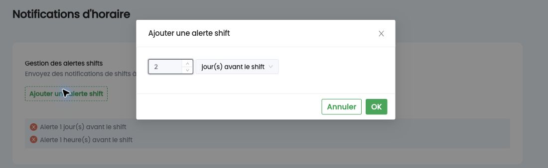 Fenêtre Ajouter une alerte shift : valeur et unité avant le shift