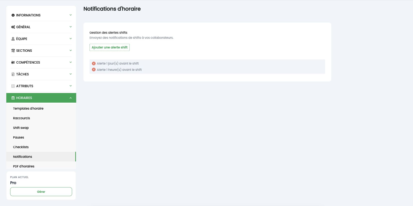 Page Notifications d'horaire : Ajouter une alerte shift et la liste des alertes