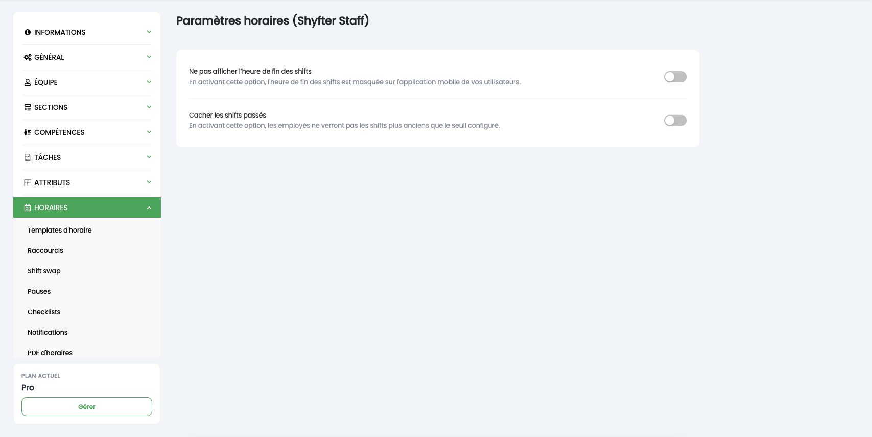 Paramètres horaires Shyfter Staff : masquer l'heure de fin et cacher les shifts passés