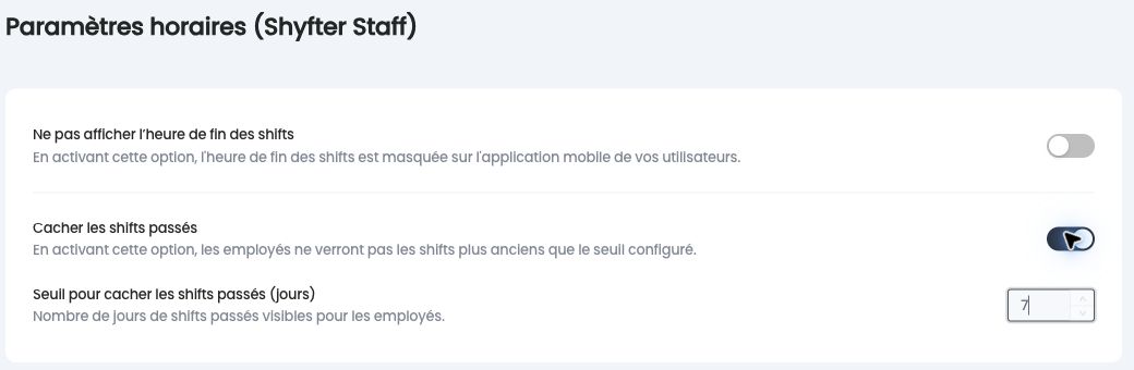 Cacher les shifts passés activé, avec le seuil en jours
