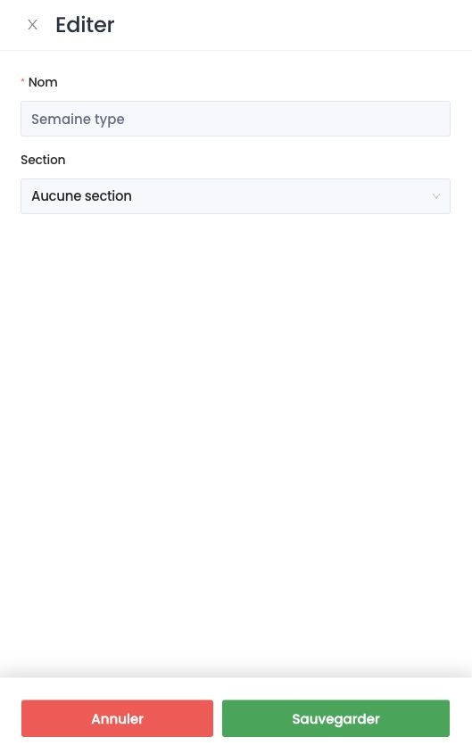 Panneau Éditer d'un template : nom et section