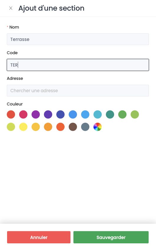 Panneau Ajout d'une section : nom, code, adresse et couleur