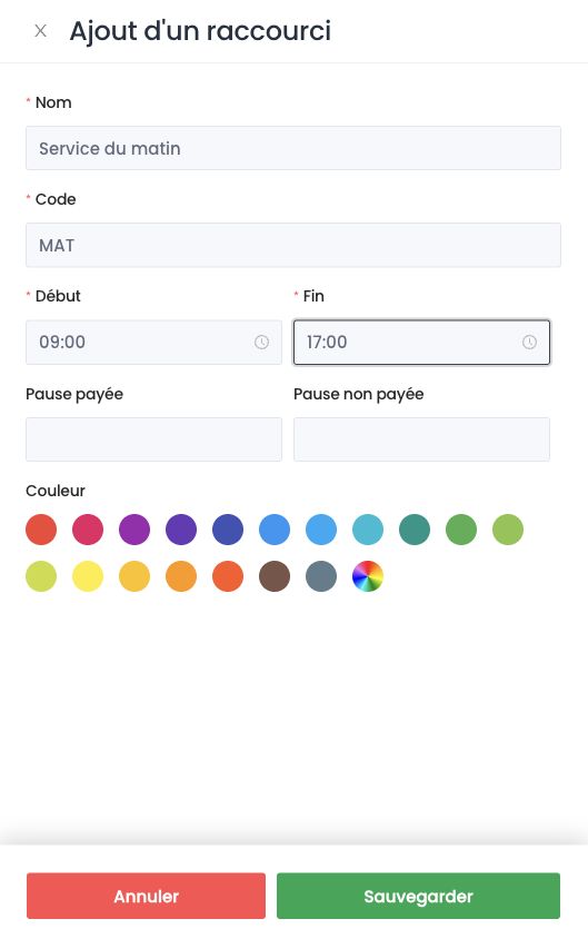 Panneau Ajout d'un raccourci : nom, code, horaires, pauses et couleur