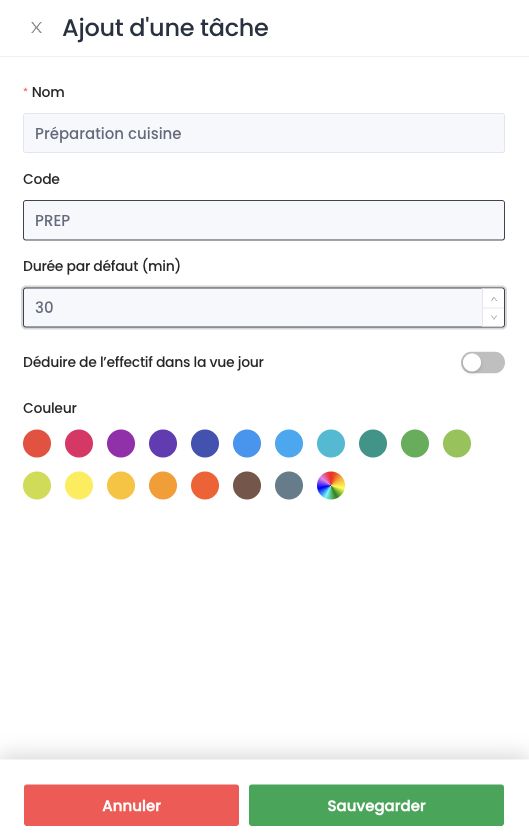 Panneau Ajout d'une tâche : nom, code, durée par défaut, déduction de l'effectif et couleur